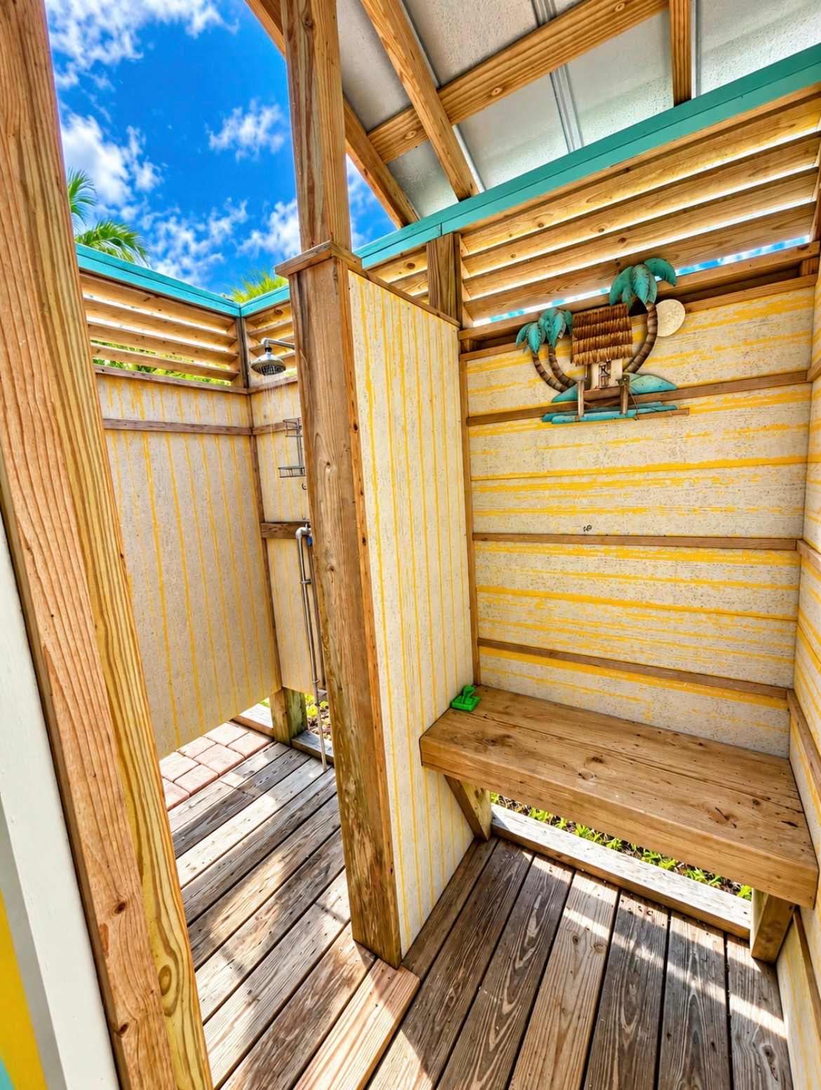 Enclosed outdoor shower with bench