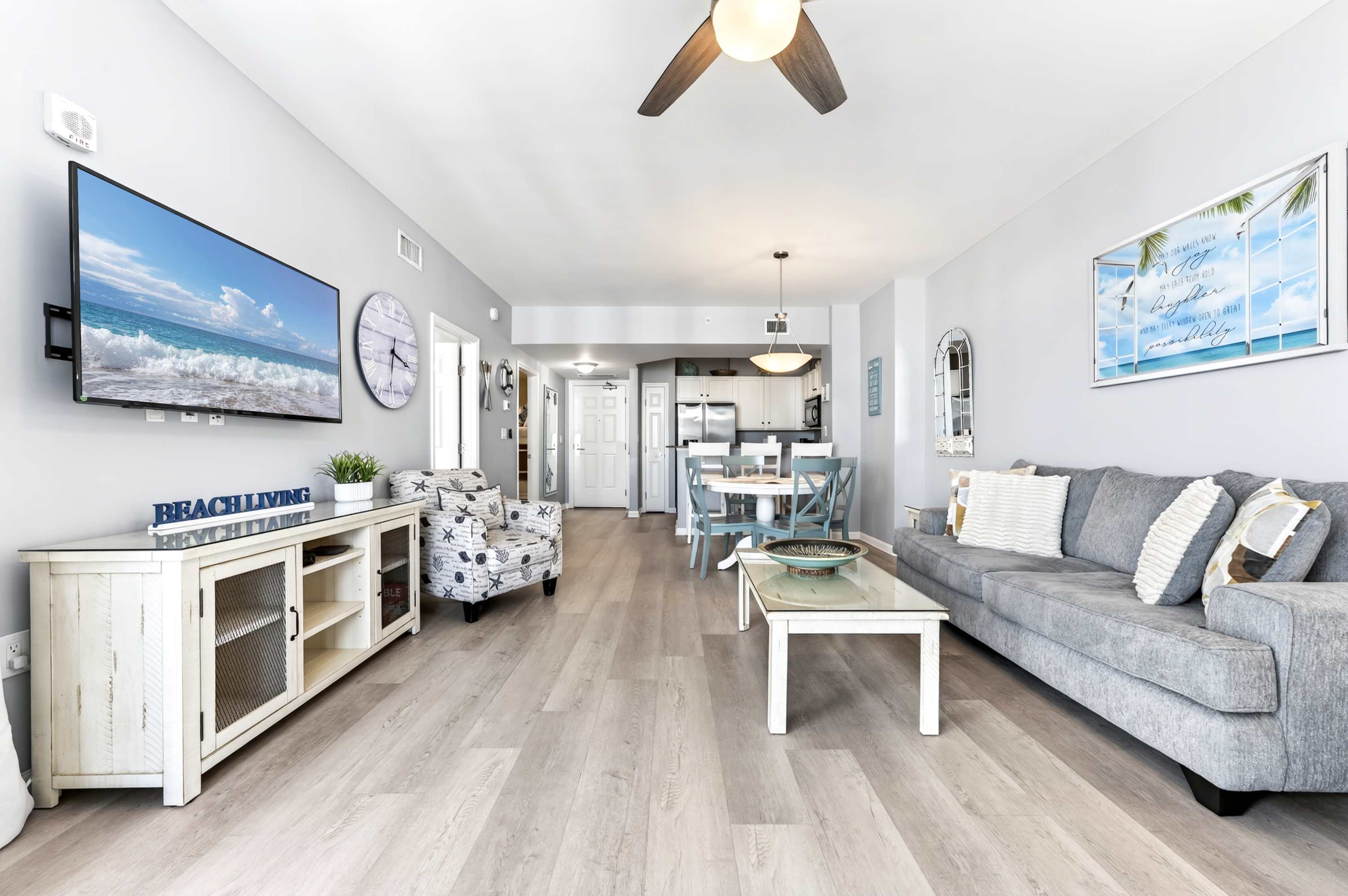 Unwind in the coastal living room & stream your favorites on the smart TV​