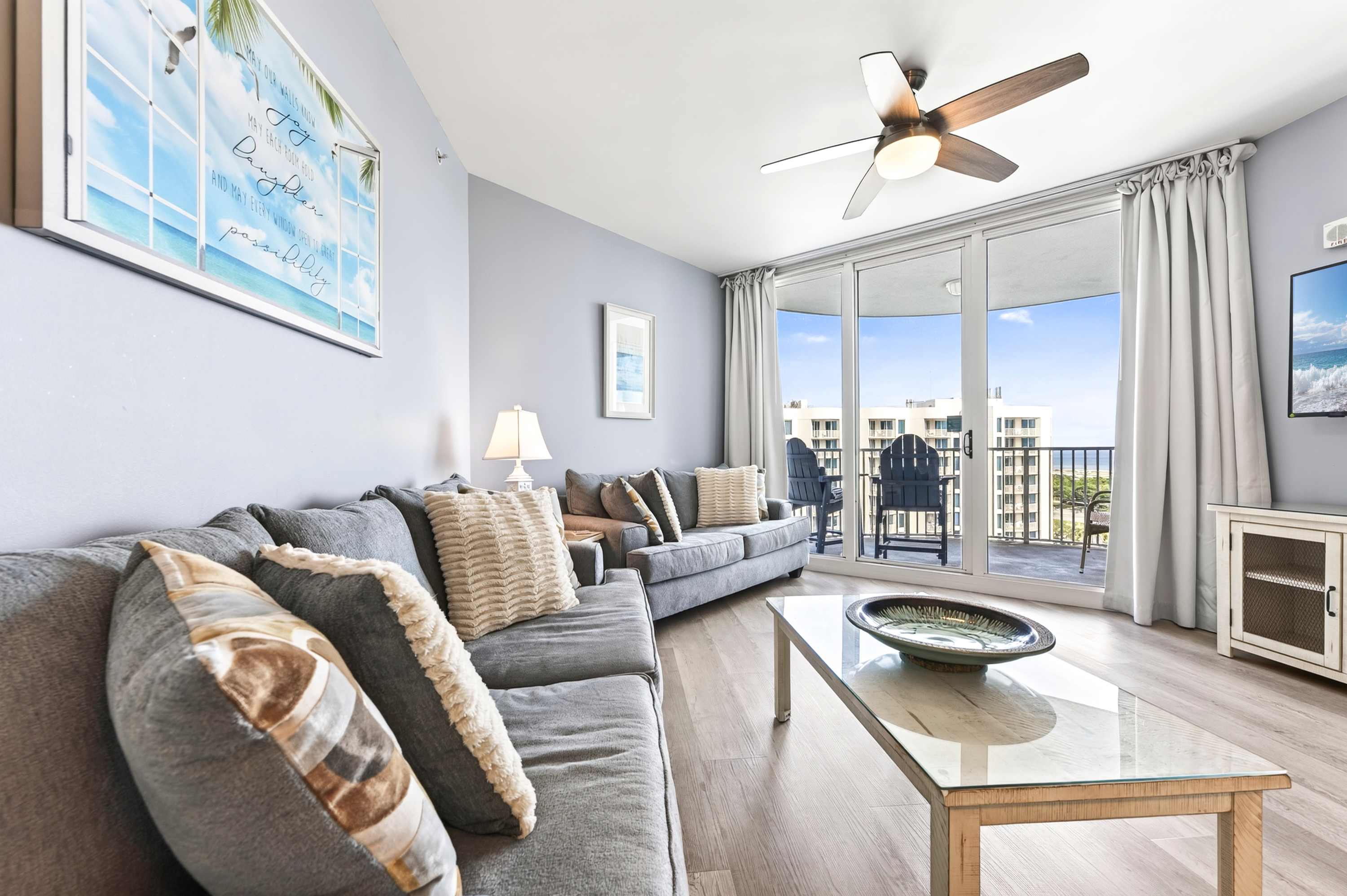 Unwind in the coastal living room & stream your favorites on the smart TV​
