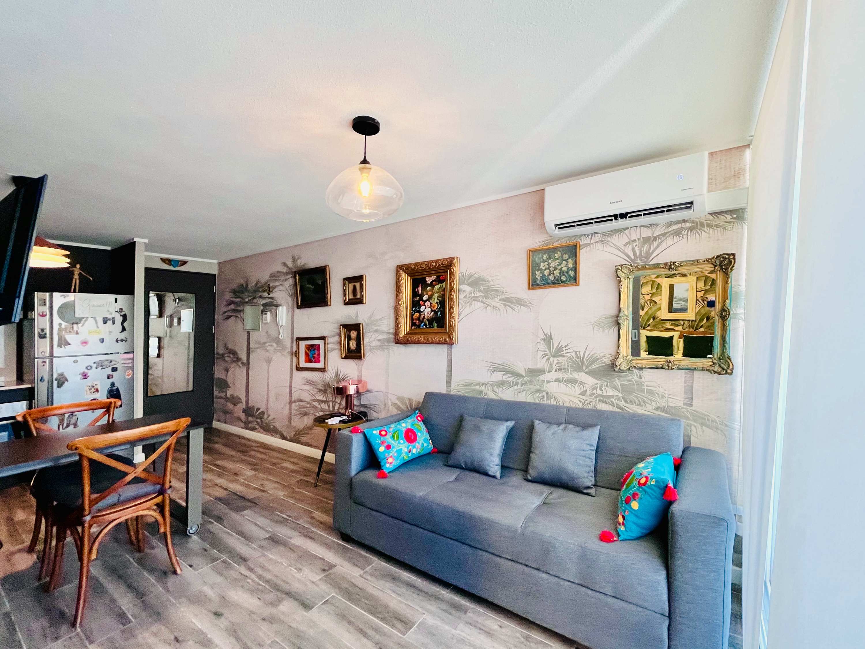Art-inspired living room with air conditioning.