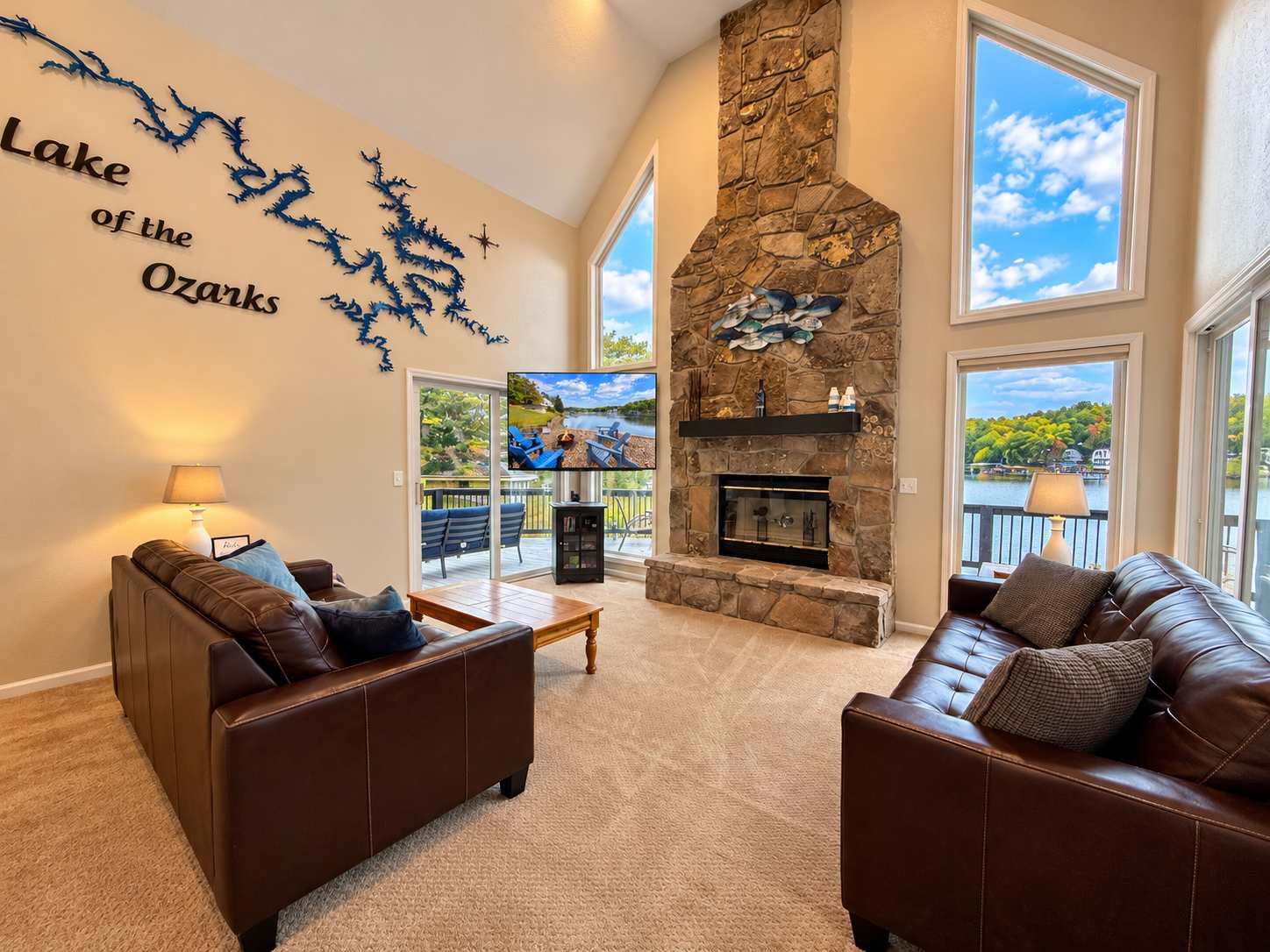 Relax on the comfortable couches in the family room, stream your favorite shows on the Smart TV, and enjoy beautiful lake views​