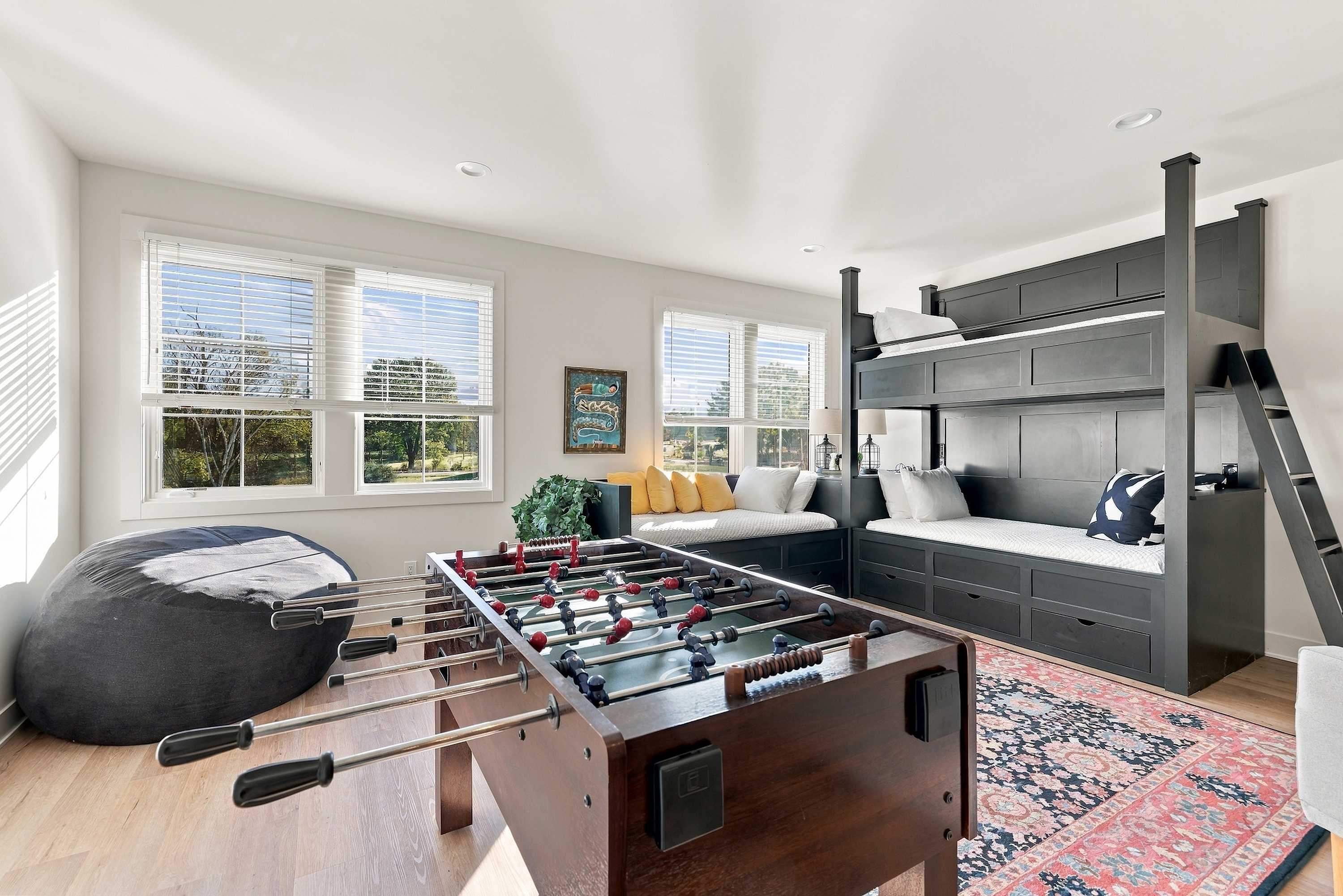 Sink into the beanbag between foosball matches, with bunks waiting nearby.