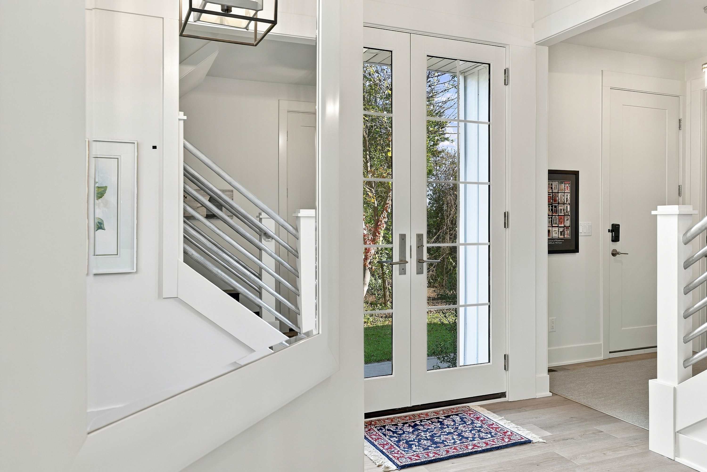 The Barn foyer with French doors and a keypad for keyless entry.