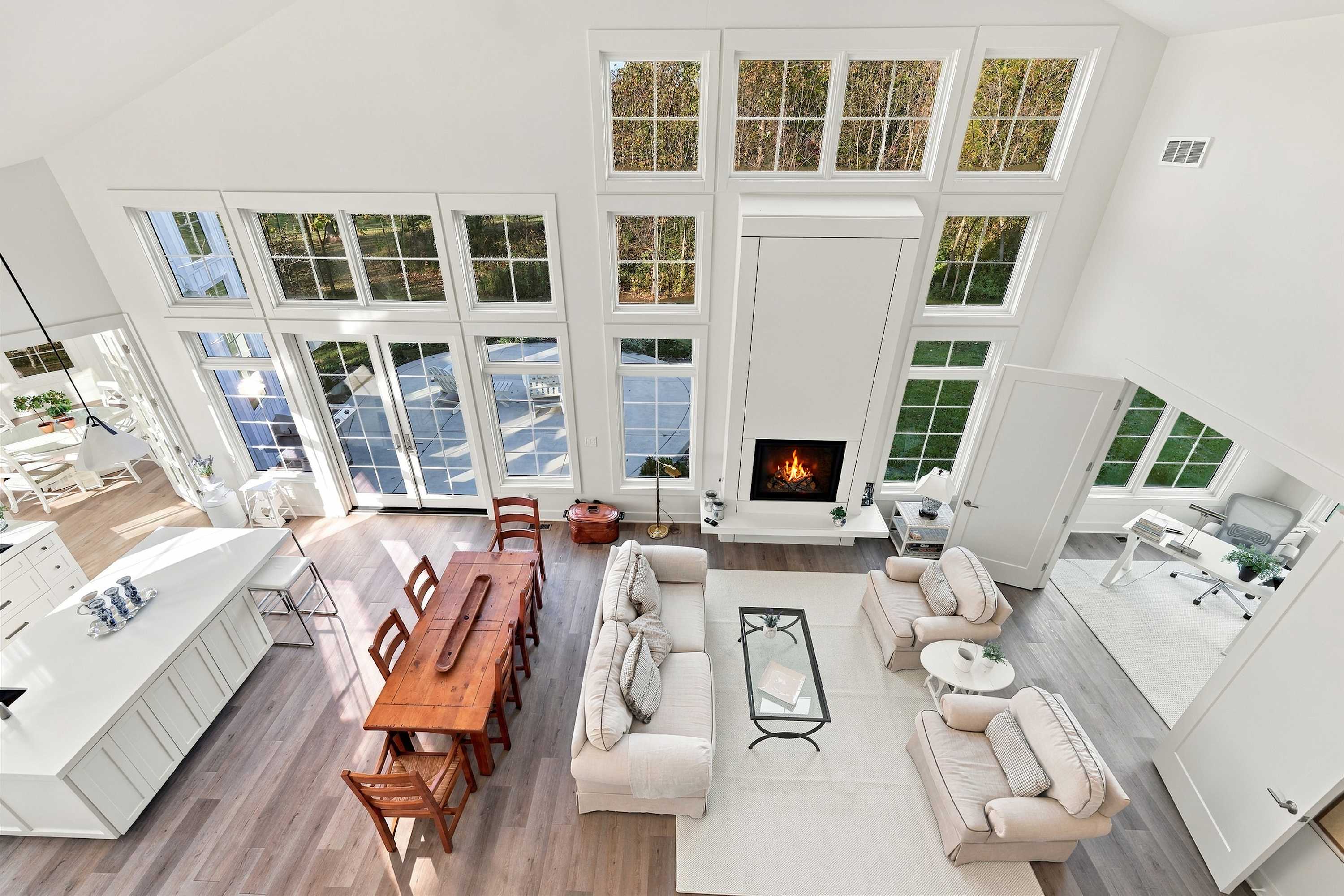The Barn’s Three Oaks main floor from above, kitchen to office to fire.