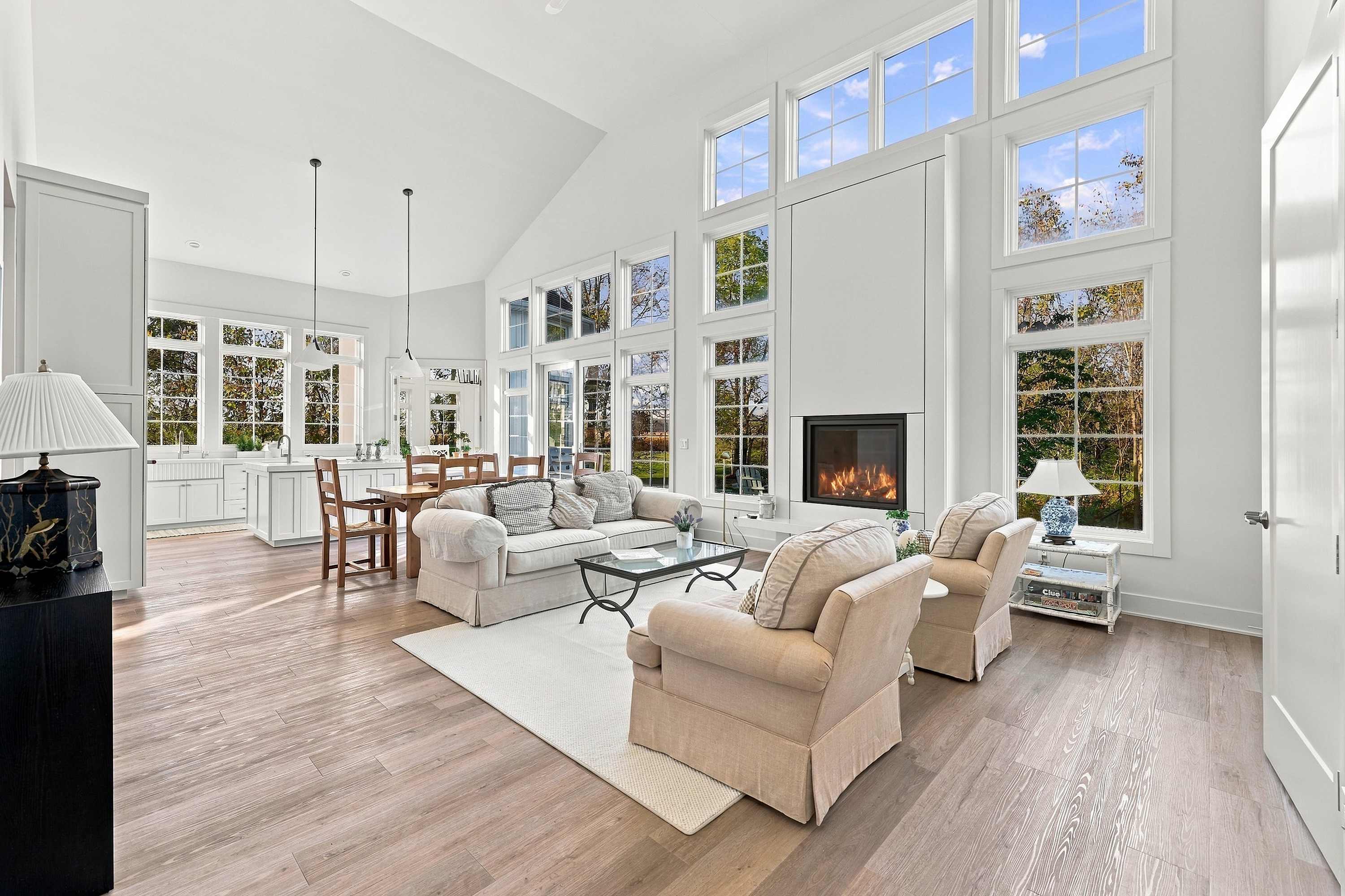 Family game night by the fire, with the kitchen island close by.