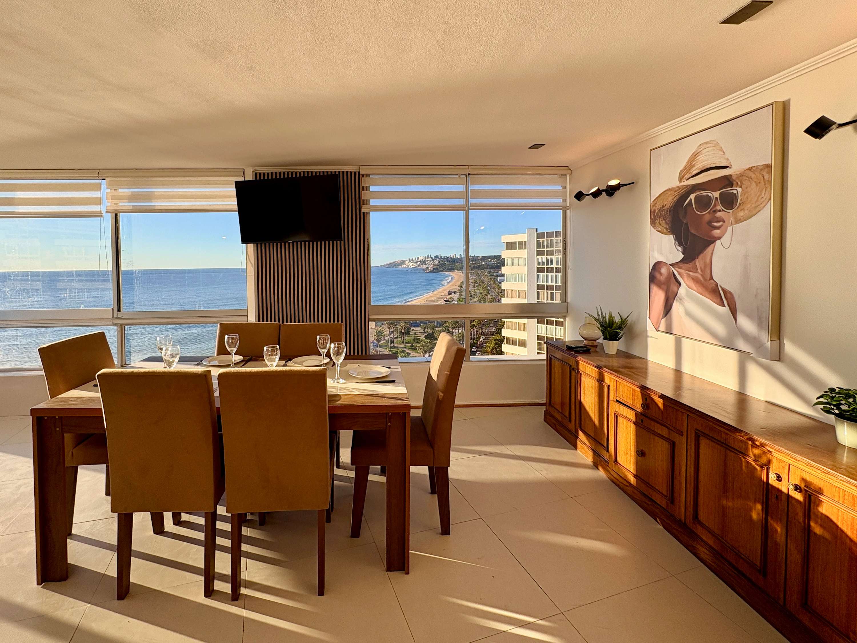 Dining table for six with ocean and bay views