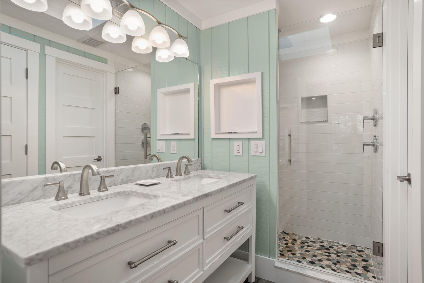 Primary Ensuite with Double Vanity and a Wall Shower Head, a Rain Shower Head, or Both!