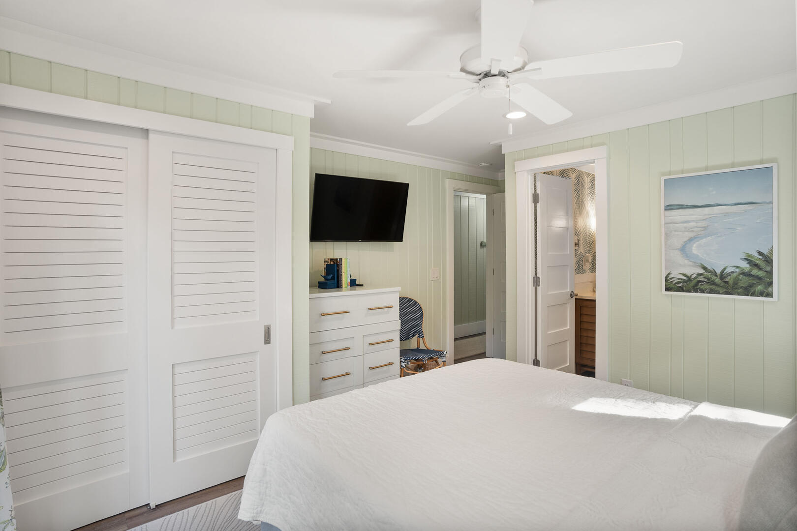 Guest Bedroom with Queen bed and a Private Ensuite Bath, with a Private Front Porch. 