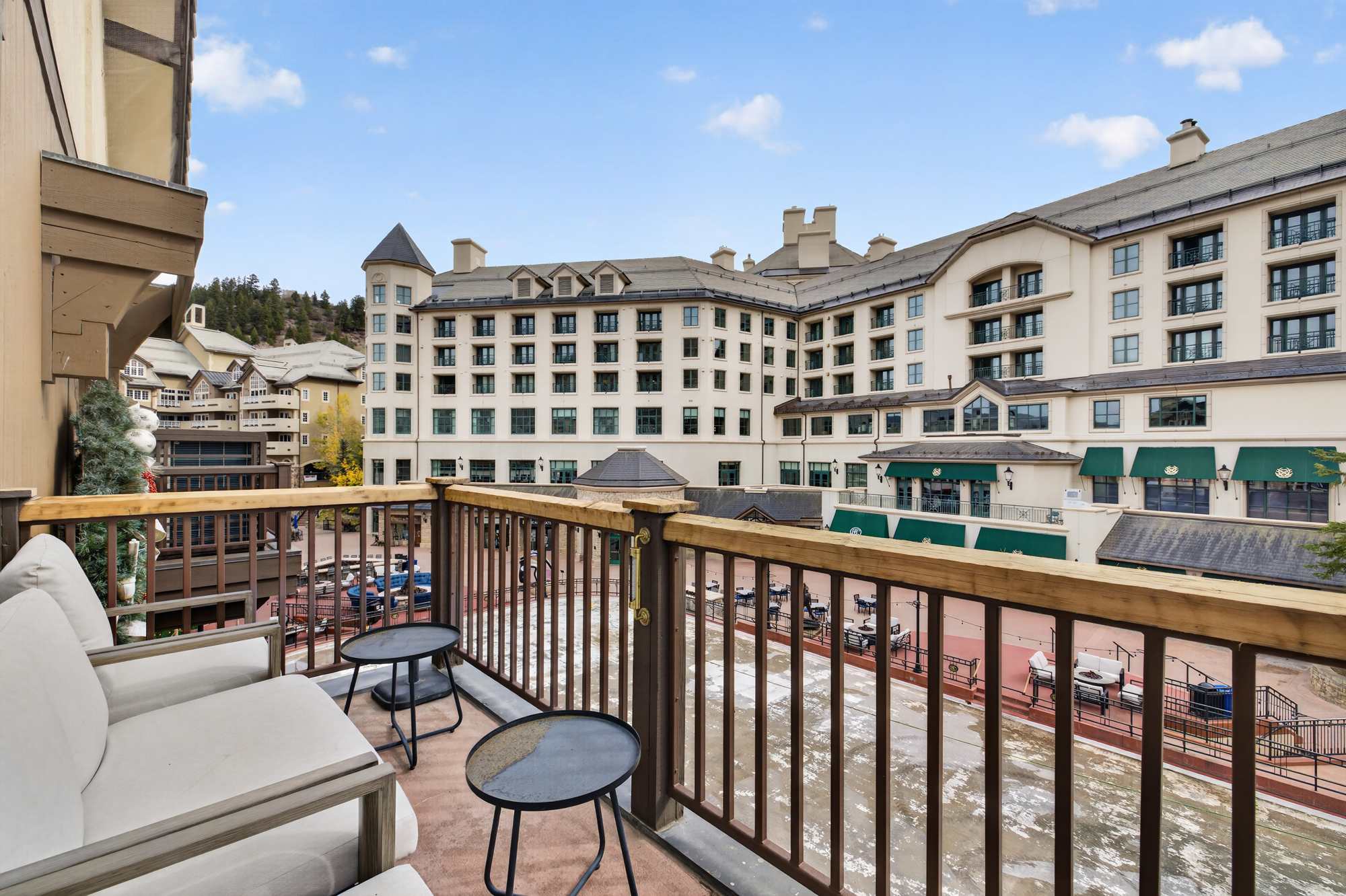 Sip morning coffee on your private balcony, steps above the Beaver Creek ice rink​