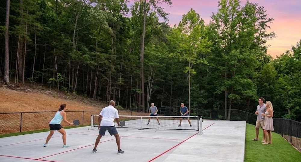 The communal pickleball court is a short drive from Treetop Escapes