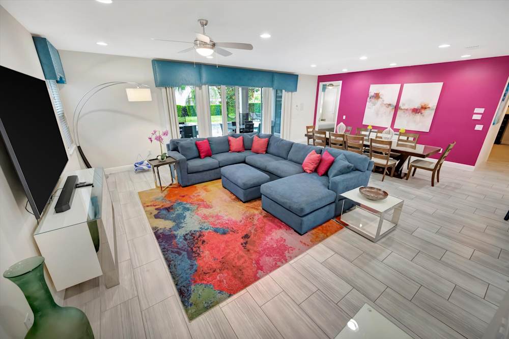 Sectional seating arranged around the living room TV