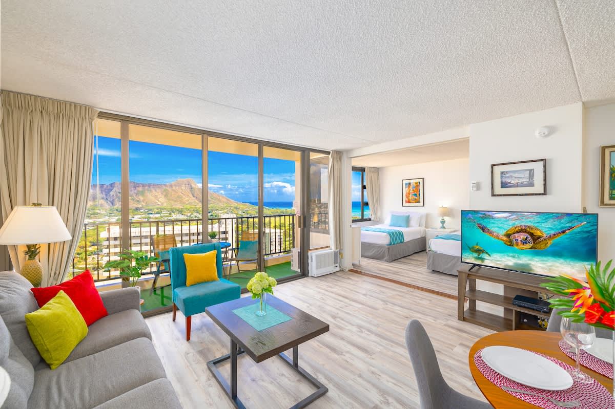 Bright living area with mountain views and modern decor
