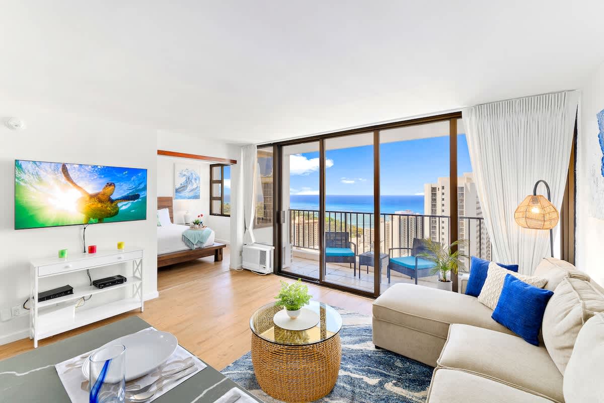 Fully renovated spacious condo with a stunning ocean view from the living room.