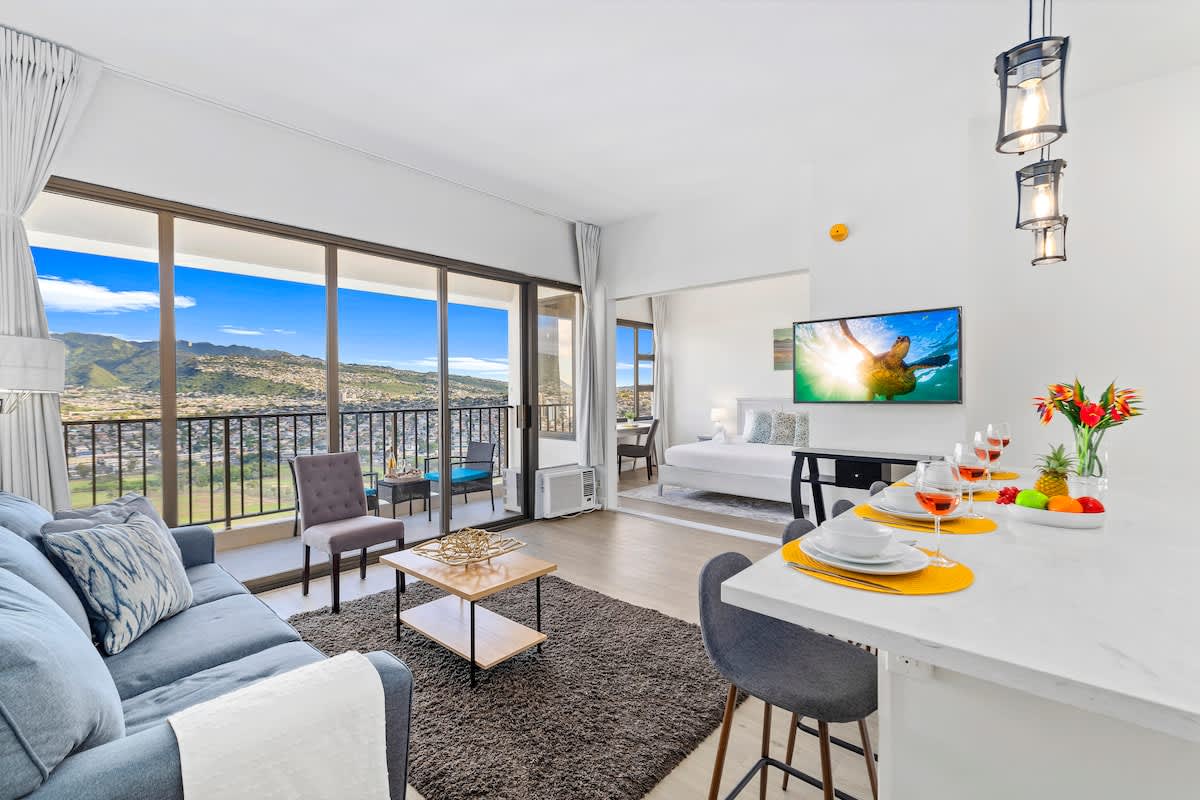 Modern décor apartment with window AC, Smart TV and dedicated work space