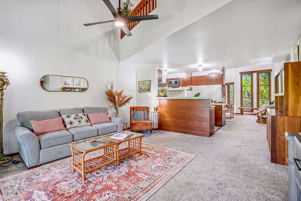 This open concept living and vaulted ceilings gives a welcoming feel.