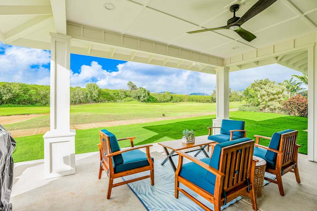 Covered outdoor lounge with scenic views