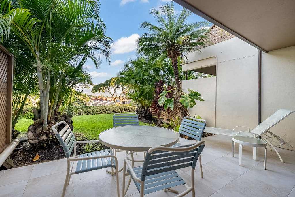 Lanai overlooking tropical gardens