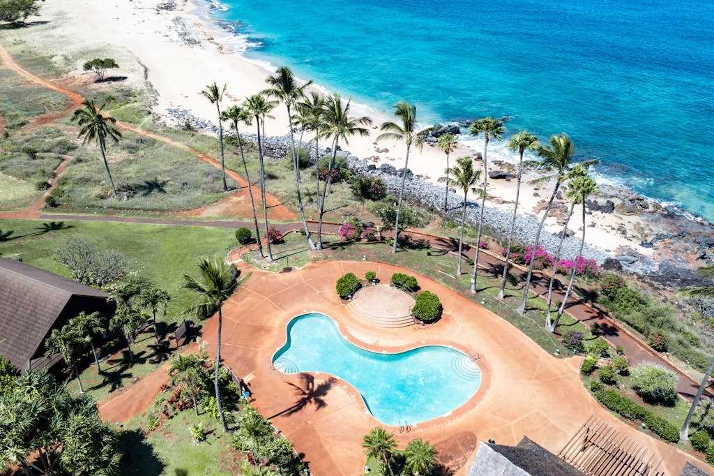 Aerial resort view showcases pool, gardens, palms, shoreline, and ocean