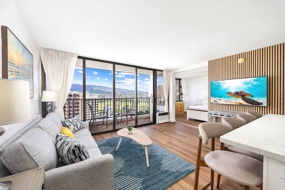 Stay in your cozy 1 bedroom with great mountain views from your living area.