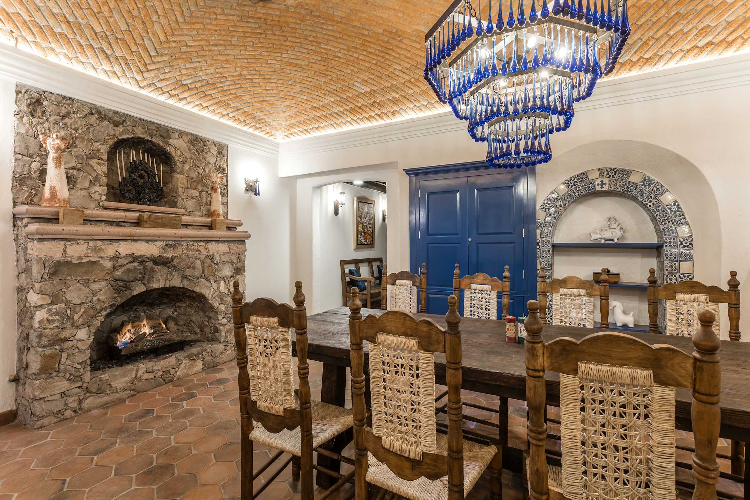Formal dining room with fireplace