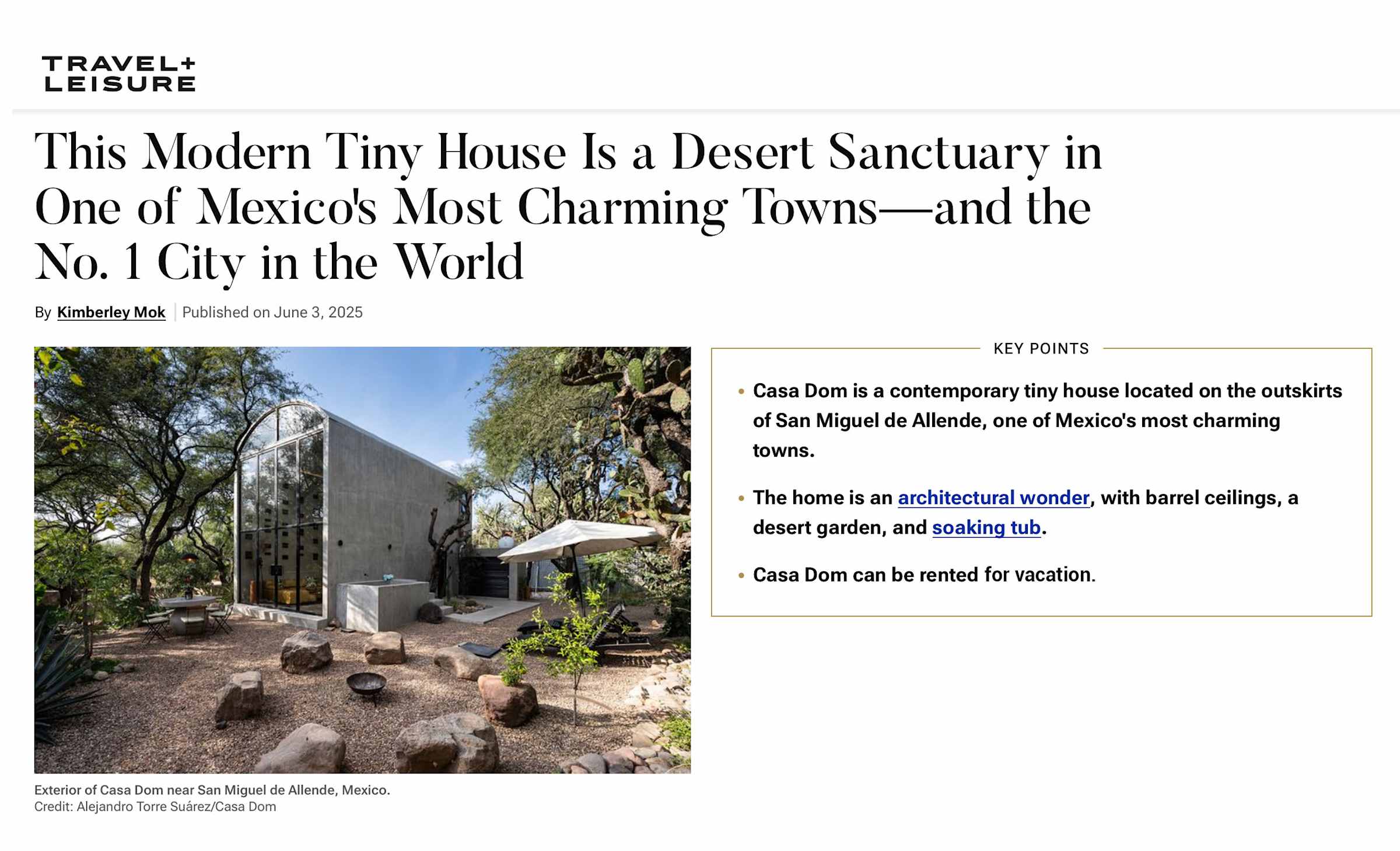 ✨ As featured in Travel + Leisure: Casa Dom is a modern desert sanctuary spotlighted in the article “This Modern Tiny House Is a Desert Sanctuary in One of Mexico's Most Charming Towns.” Recognized for its striking architecture and peaceful setting,