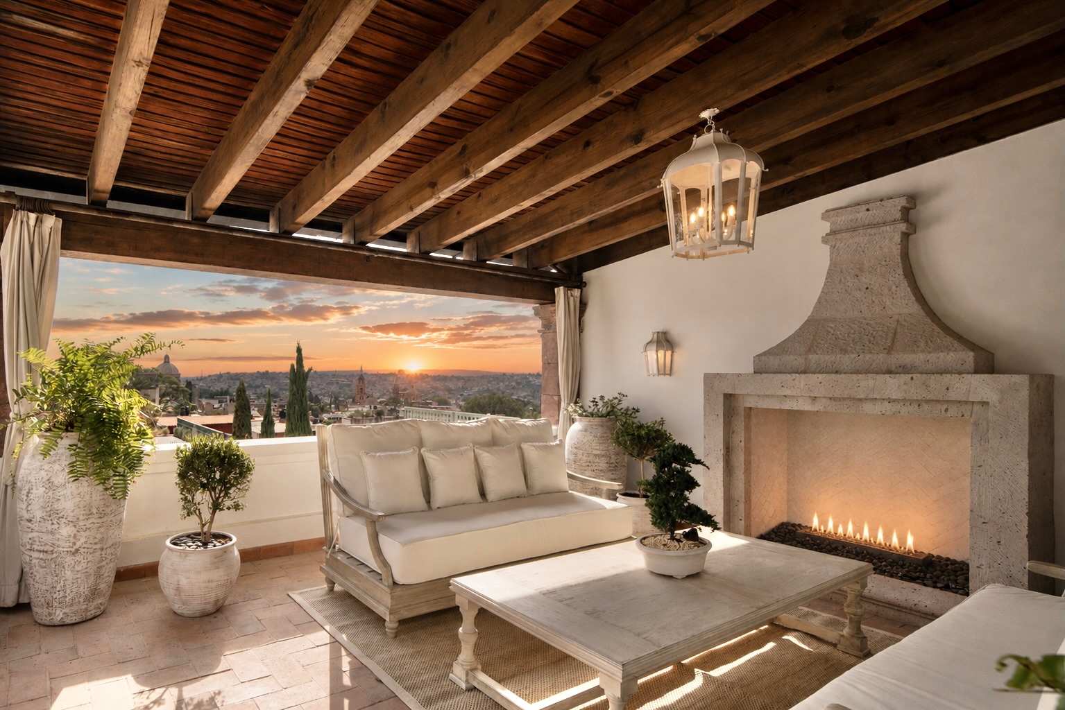 Rooftop fireplace lounge glowing at sunset