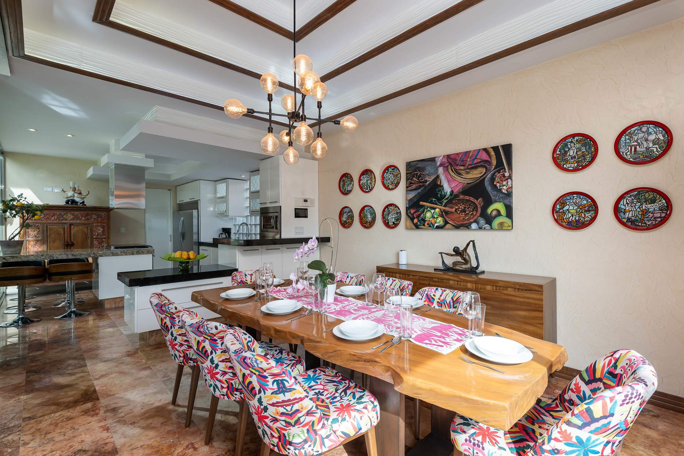 Dining room with talavera pottery display