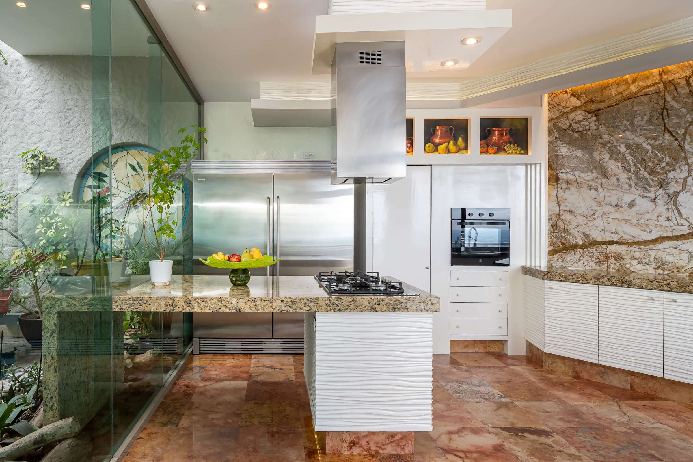 Kitchen view toward the interior garden atrium