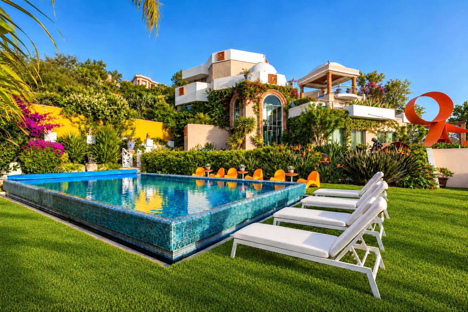 Garden terrace with rectangular pool, lounge chairs, and colorful modern home with tropical plants