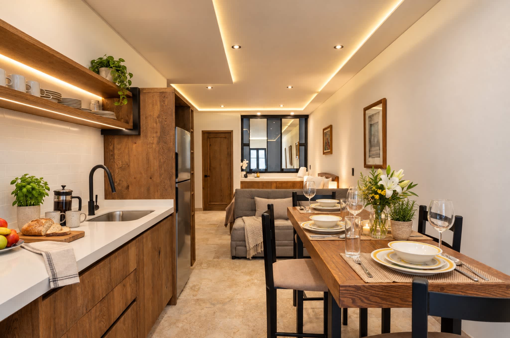 Cocina y comedor modernos con muebles de madera, mesa puesta y luces cálidas en el techo