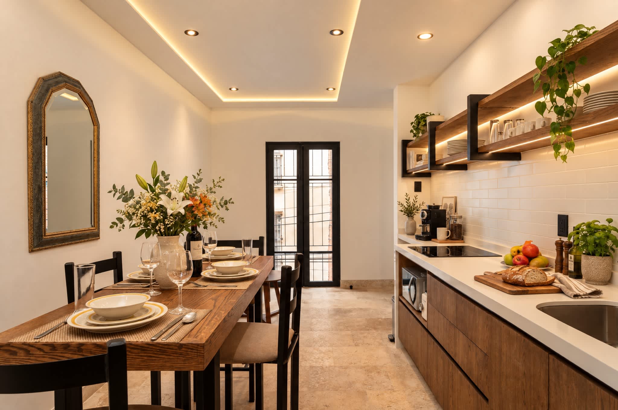 Cocina y comedor abiertos con mesa de madera, sillas negras y encimeras blancas