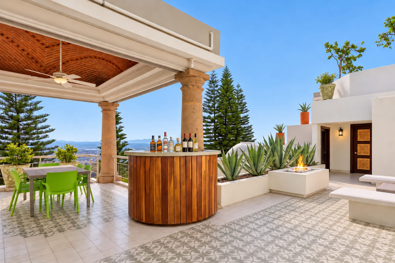 Rooftop terrace with wooden bar, agave plants, pergola, and ocean views
