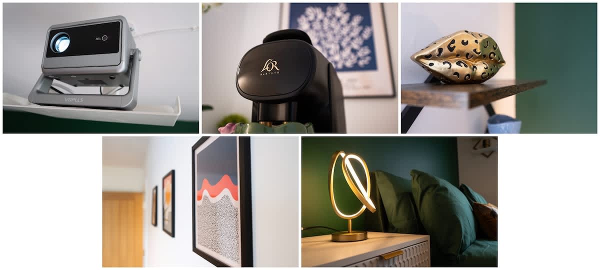 Home entertainment and decor highlights, including the projector and table lamp