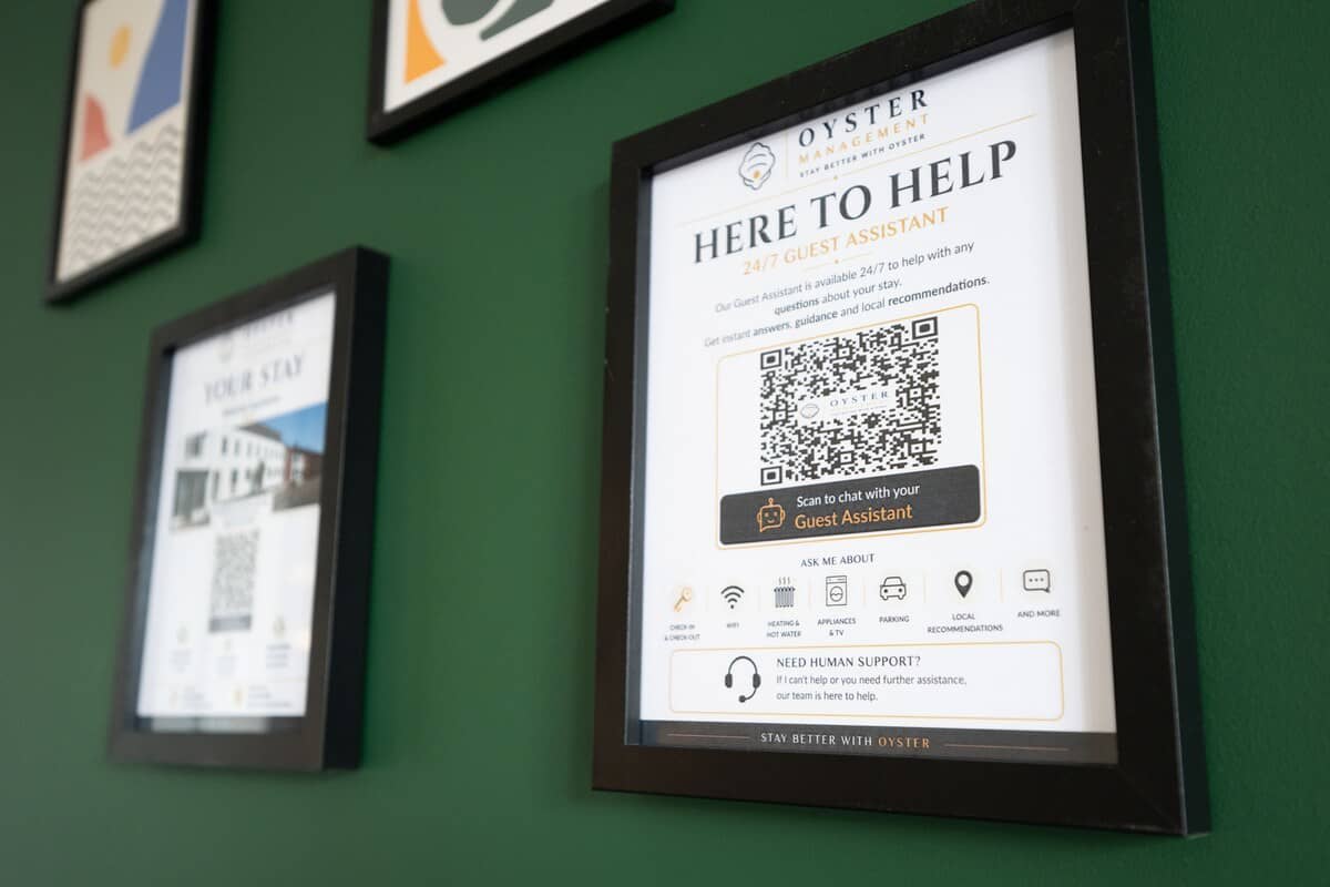 Guest information and welcome guide displayed on the wall