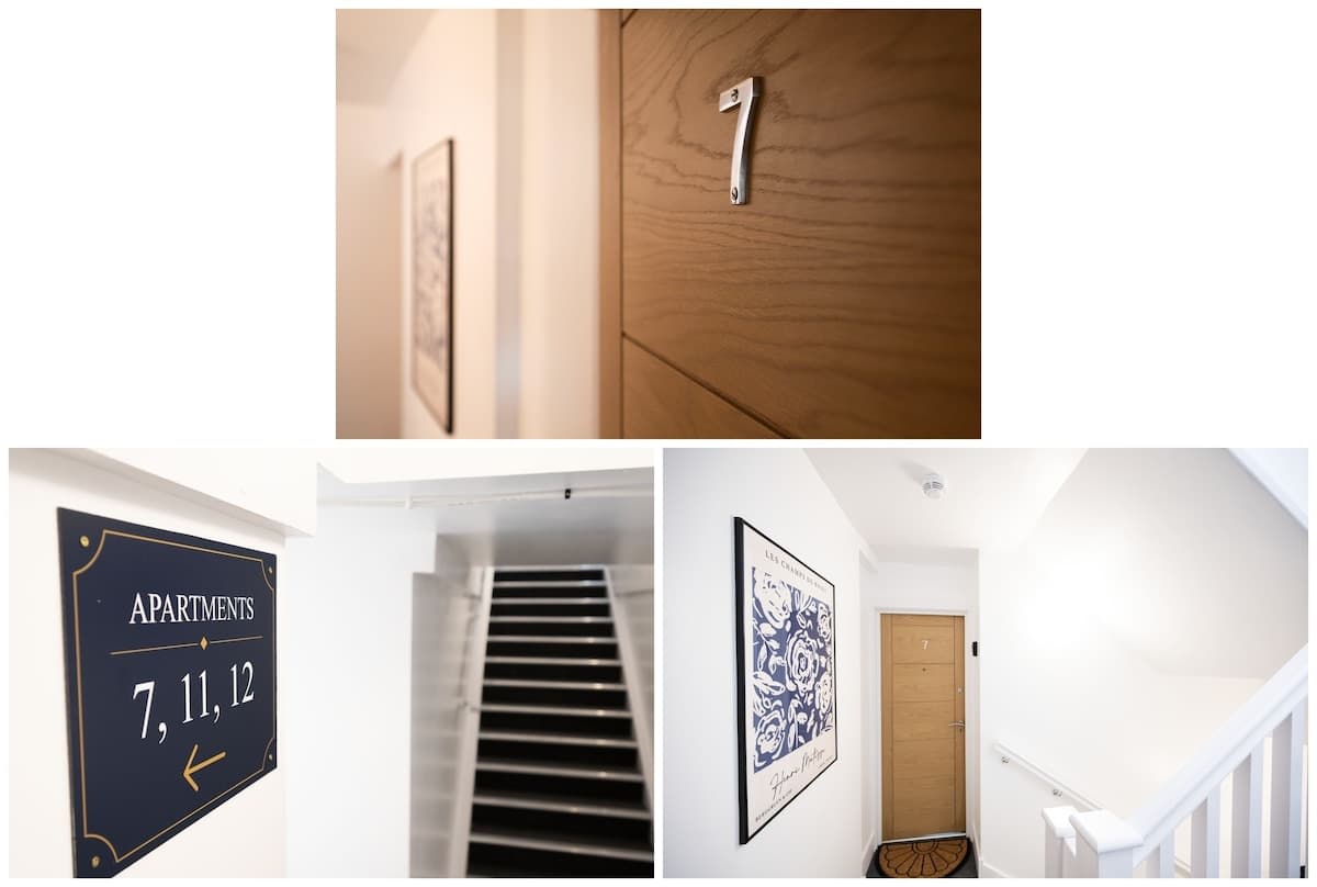 Apartment entrance, door number and stairwell access