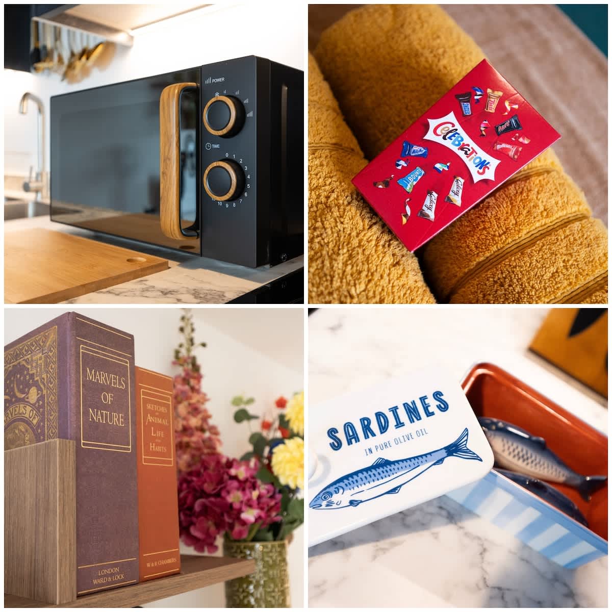 Kitchen appliances and welcome treats, including local touches like sardines salt and pepper shakers and chocolates