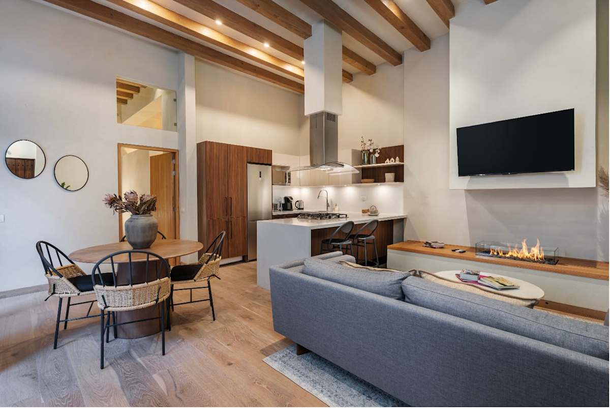 Living room with indoor fireplace