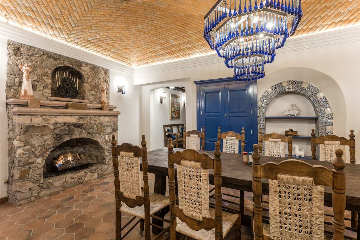 Formal dining room with fireplace