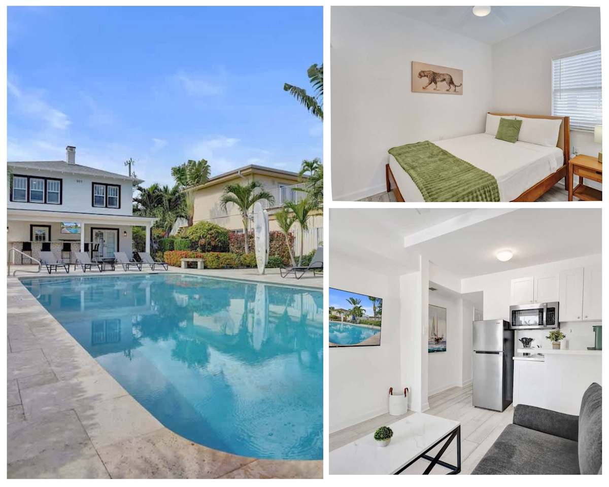 Property overview collage showing pool, bedroom, and kitchenette areas.
