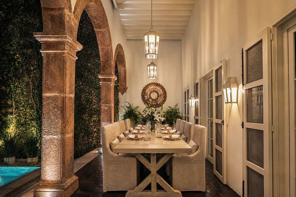 Outdoor dining table set for an evening meal