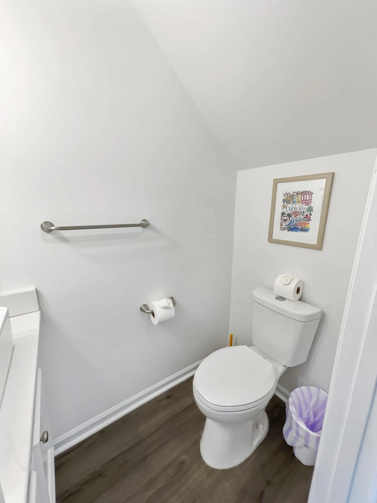 A white bathroom with a toilet, towel rack, toilet paper holder, trash can, and picture frame.