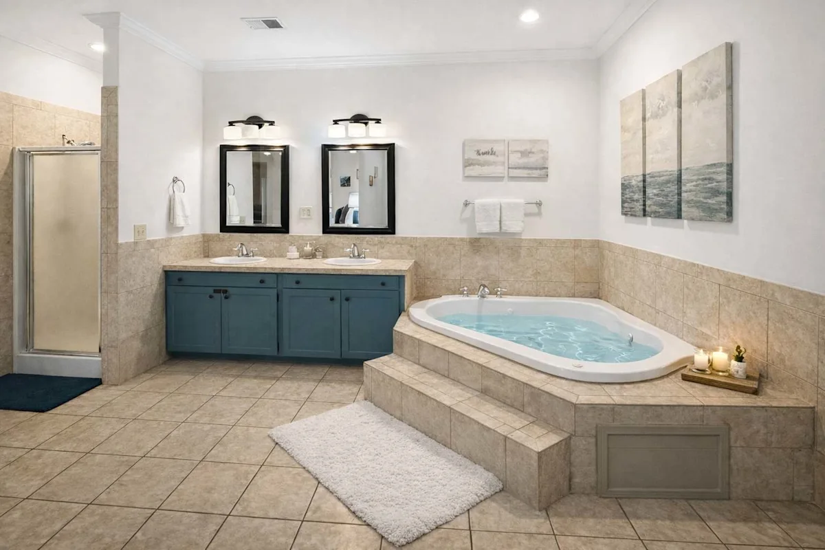 A large bathroom with a double vanity, jacuzzi tub, and shower.