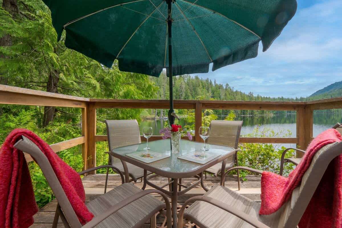 Outdoor dining space on your own private deck overlooking the lake. 