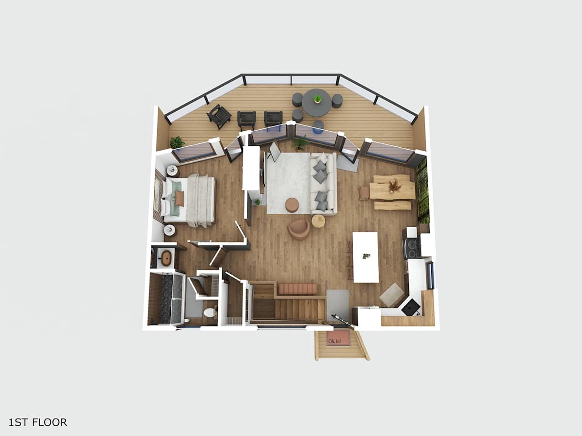 Floor plan providing an overview of the cabin’s interior.