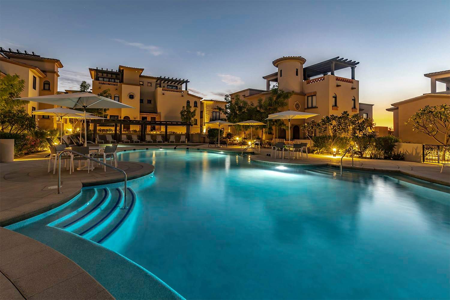Mavila resort pool at dusk, Casa Marimar, Quivira
