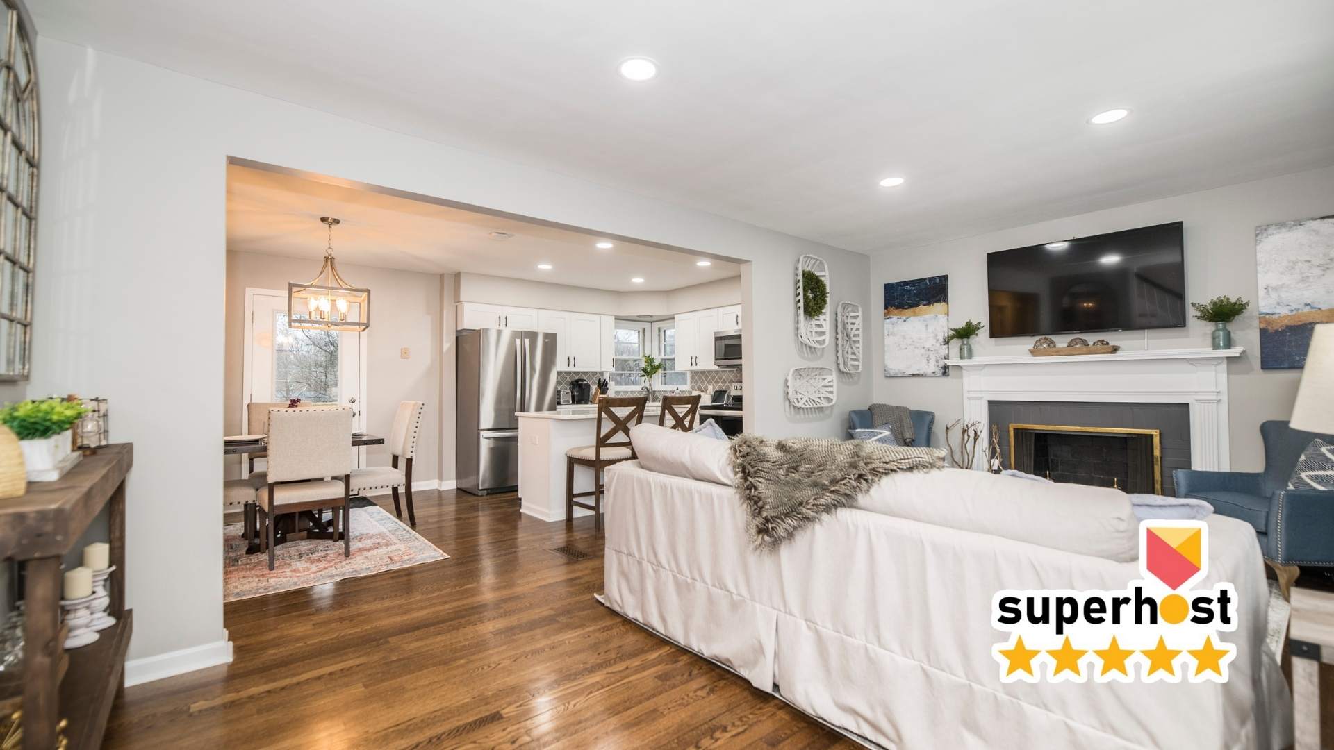 Kick off your stay by settling into this wide-open living space, where the sectional, fireplace, and flat-screen TV pull the whole group together for movie nights.