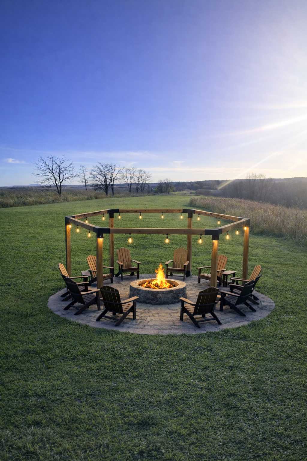 Pull a chair up to the fire pit as the sun drops behind the field and string lights flicker on above you.