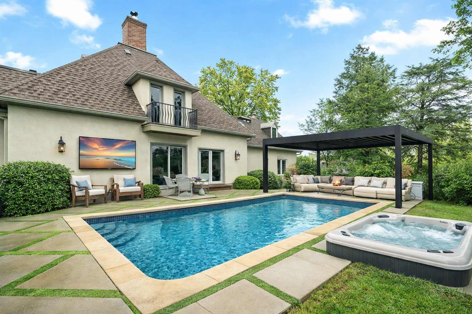 Your whole afternoon, right here — heated pool, attached hot tub, pergola with outdoor seating, and 10 private acres with not a neighbor in sight. Pick your spot and settle in.