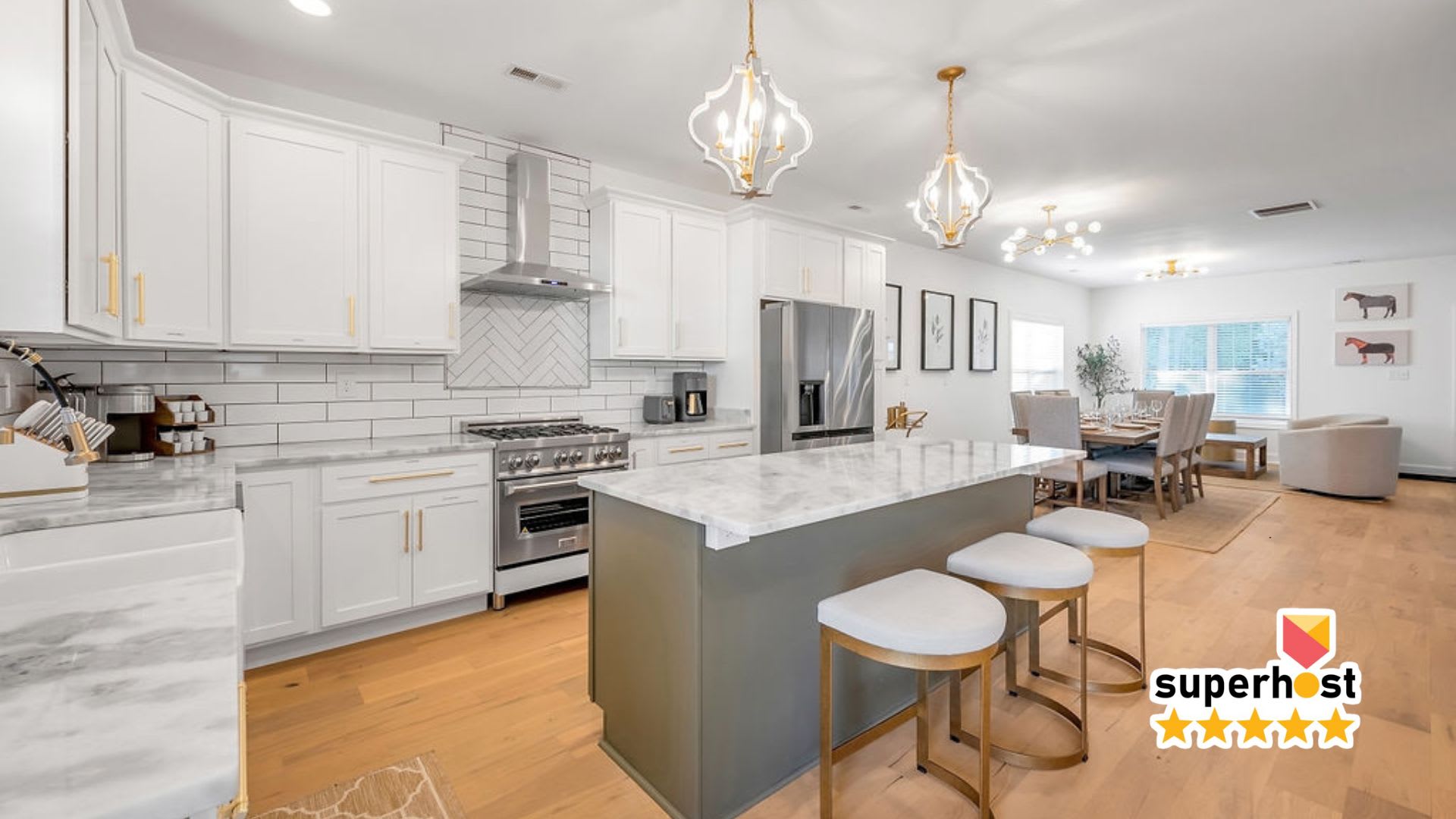 Pour your coffee at the waterfall island while the crew trickles in — this kitchen was built for a dozen people to cook together.