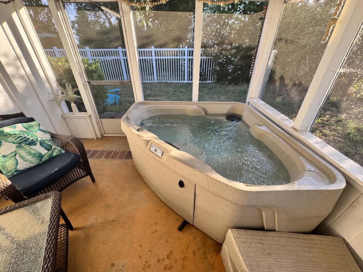 This two person hot tub is ready for relaxing. The test strips show if the water balance is correct. Plug it into the wall and set the temperature to about 100 a few hours before you plan to use for maximum enjoyment.